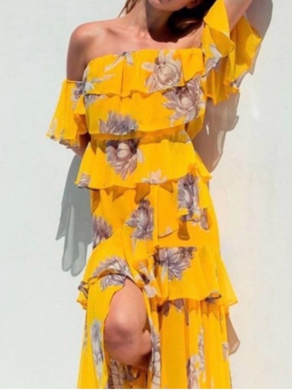 Misa Los Angeles Dalila Yellow Floral Off the Shoulder Dress